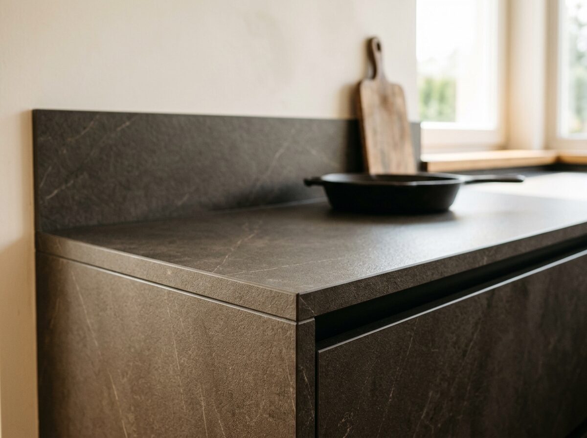 Blat ceramiczny z pasem przy ścianie z tego samego materiału, zdjęcie poglądowe